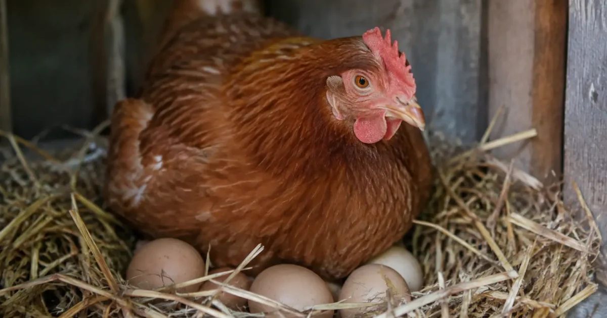 Poule assise sur des oeufs dans un nid
