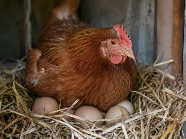 Poule assise sur des oeufs dans un nid