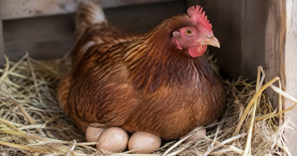 Poule brune assise sur des oeufs dans la paille