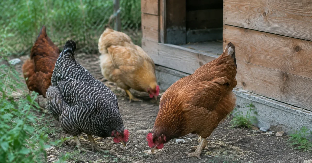 Poules picorant devant un abri en bois