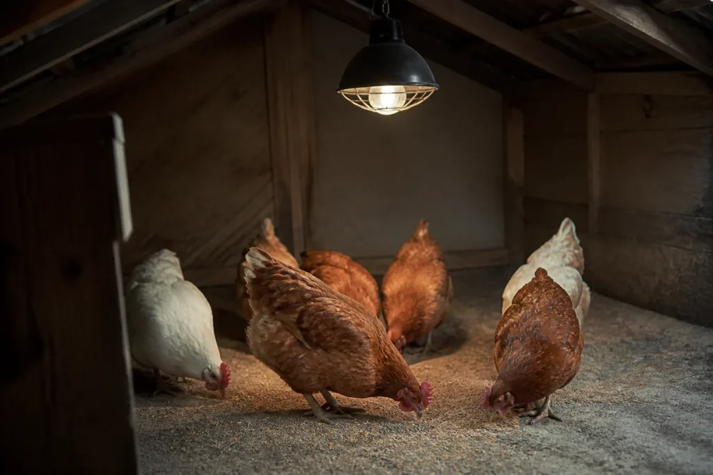 Poules picorant sous une lampe au plafond du poulailler