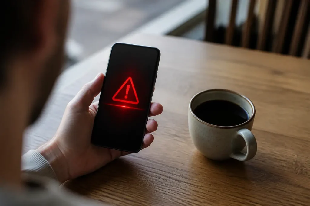 Smartphone affichant notification alarmante pose contre tasse cafe noir