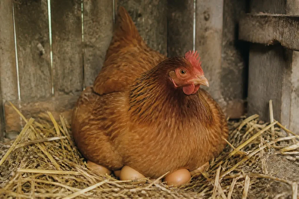 Volaille brune assise sur des oeufs dans la paille